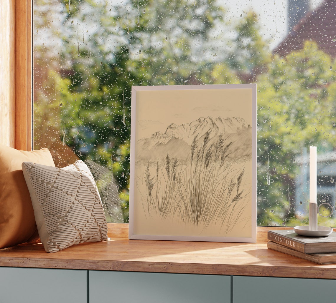 Wild Grasses Before Snow Capped Mountains Sepia Sketch Poster - Image 2