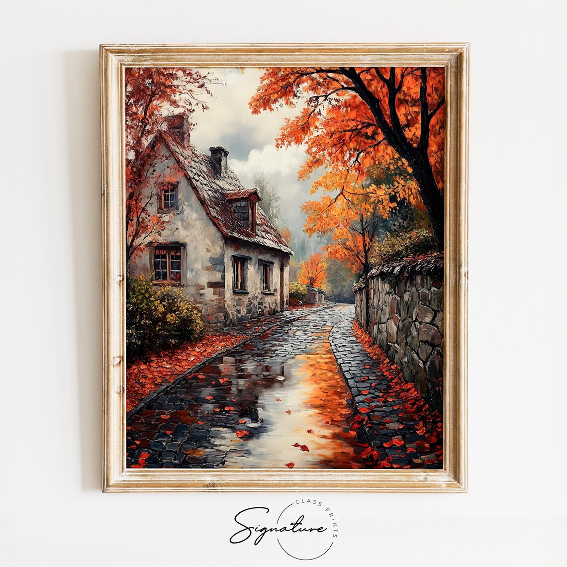 Autumn Cobblestone Street Rainy Day Village Art