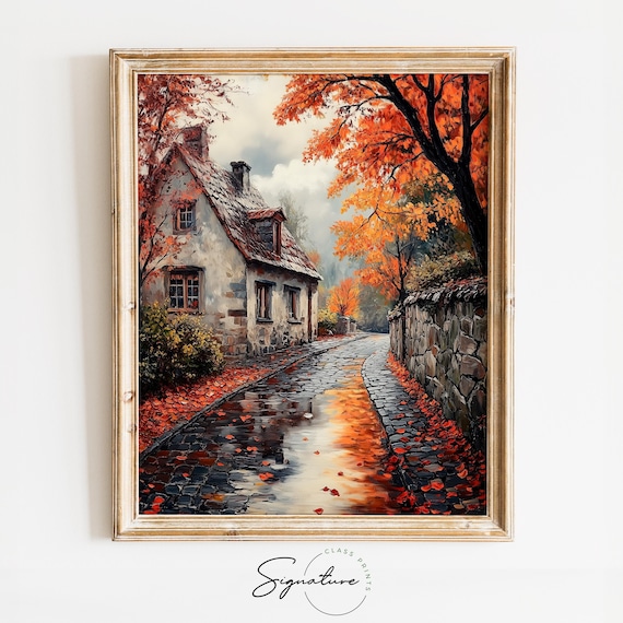 Autumn Cobblestone Street Rainy Day Village Art