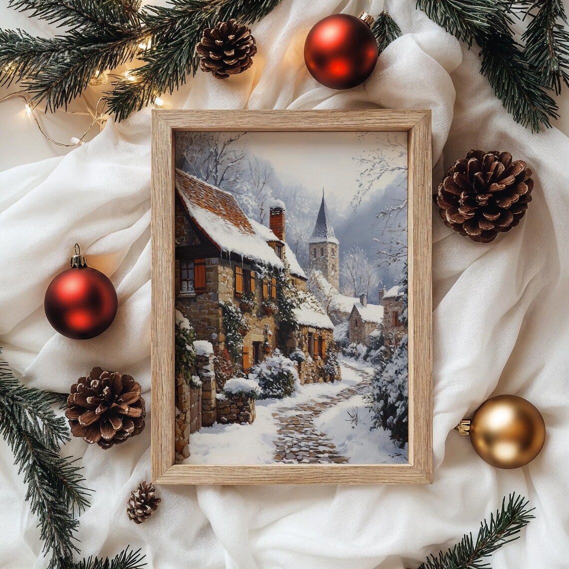 Snowy European Village Street with Church Spire Winter Poster - Image 4