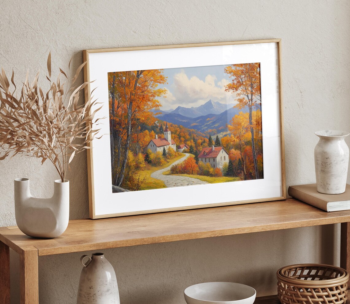 Autumn Village With Red Roofed Church on Winding Road to Mountains Wall Art - Image 4