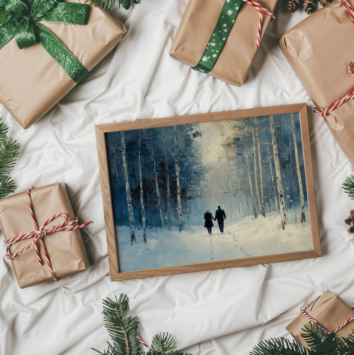 Romantic Couple Walking Through A Snowy Birch Forest Winter Poster - Image 2
