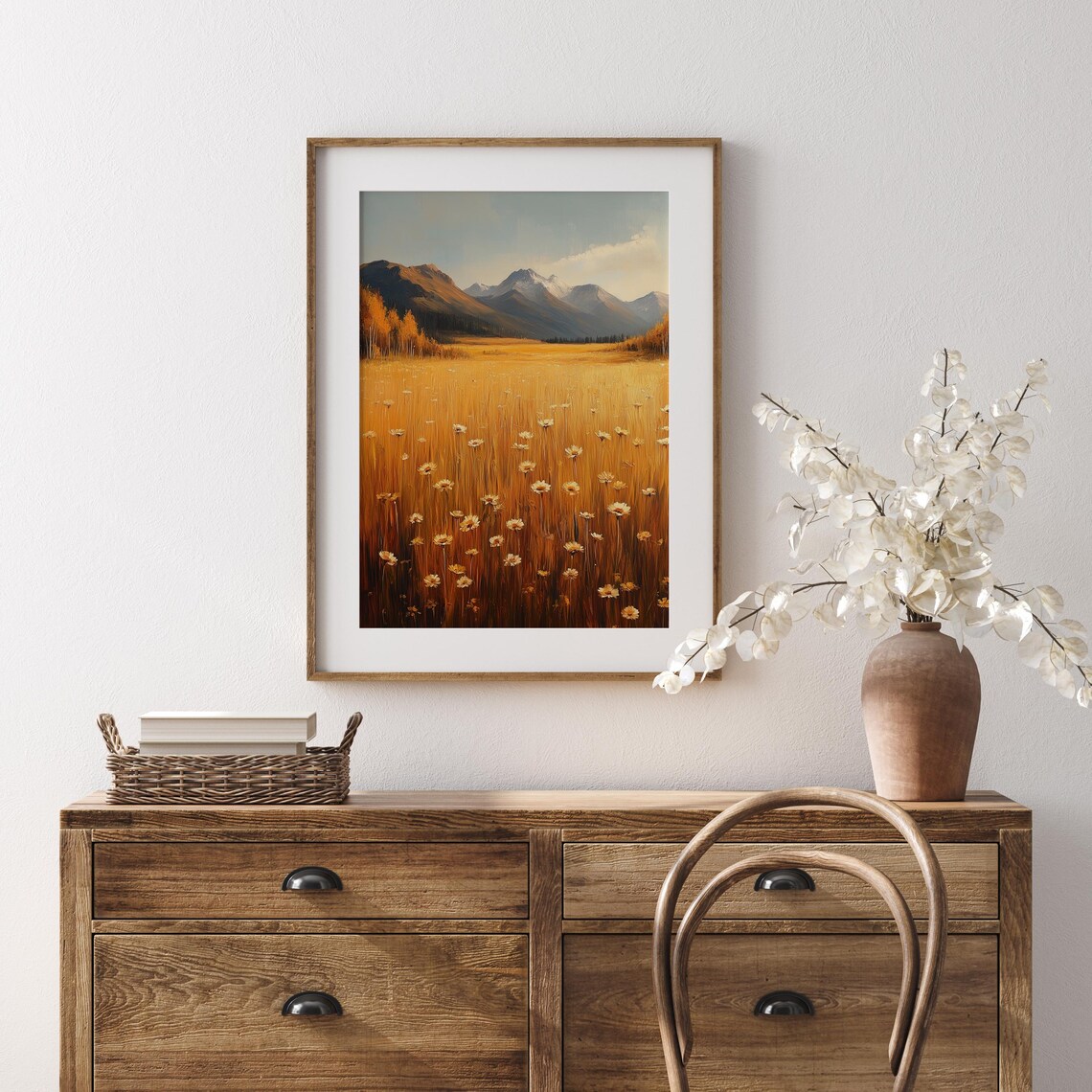 Golden Wildflower Field Mountain Valley Snowy Peak Landscape Print - Image 5