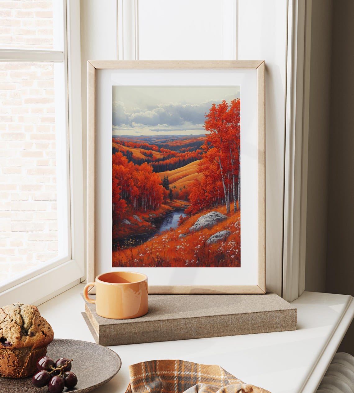 Red Autumn Hills With River Valley Vibrant Fall Landscape Poster - Image 6