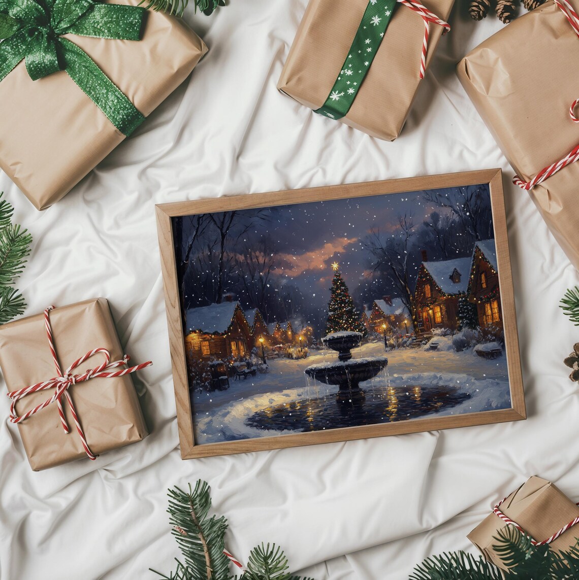 Snowy Village Square Night Fountain Christmas Tree Painting Poster - Image 5
