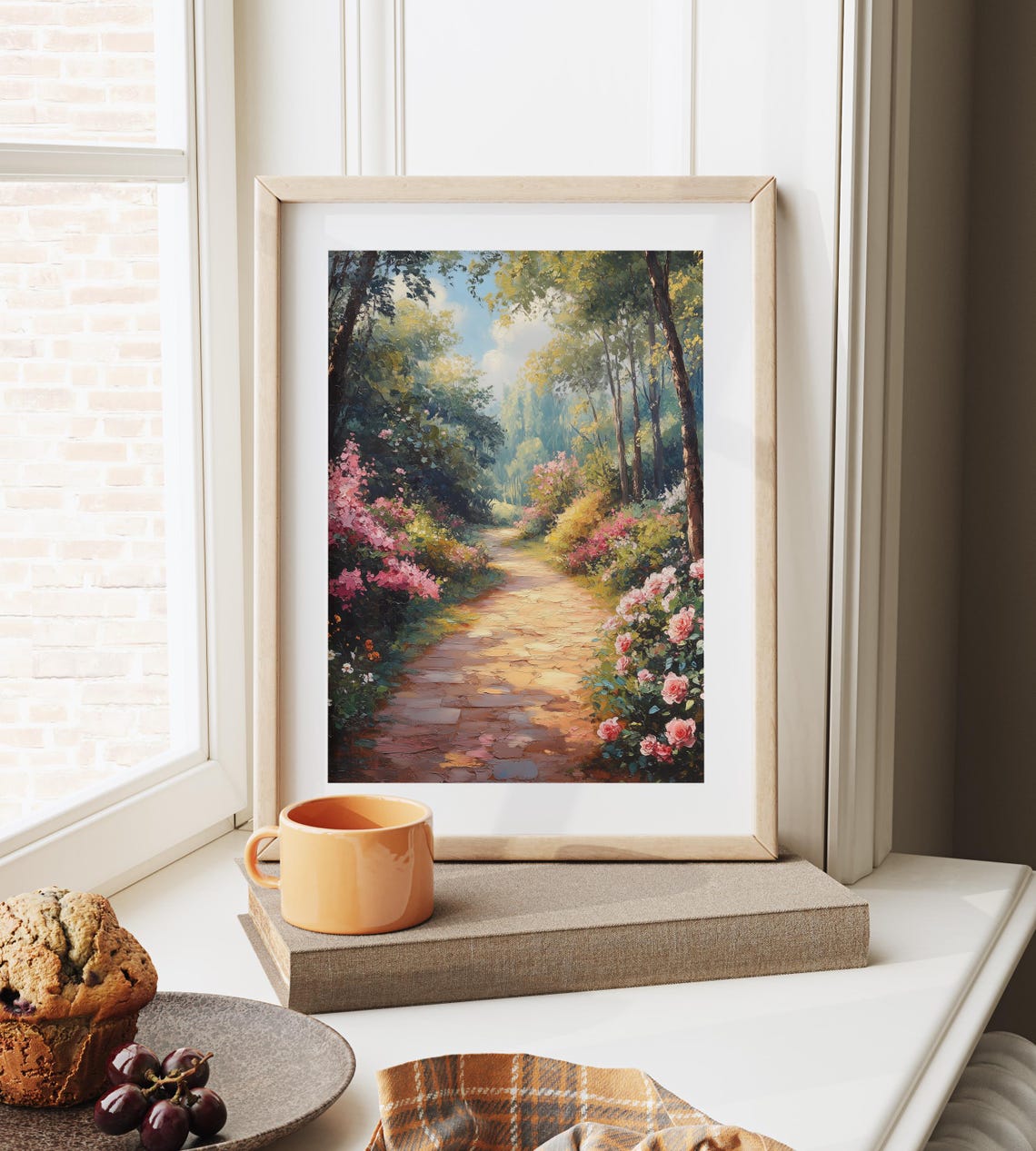 Sunlit Garden Path Through Pink Roses Blooming Summer Poster - Image 4