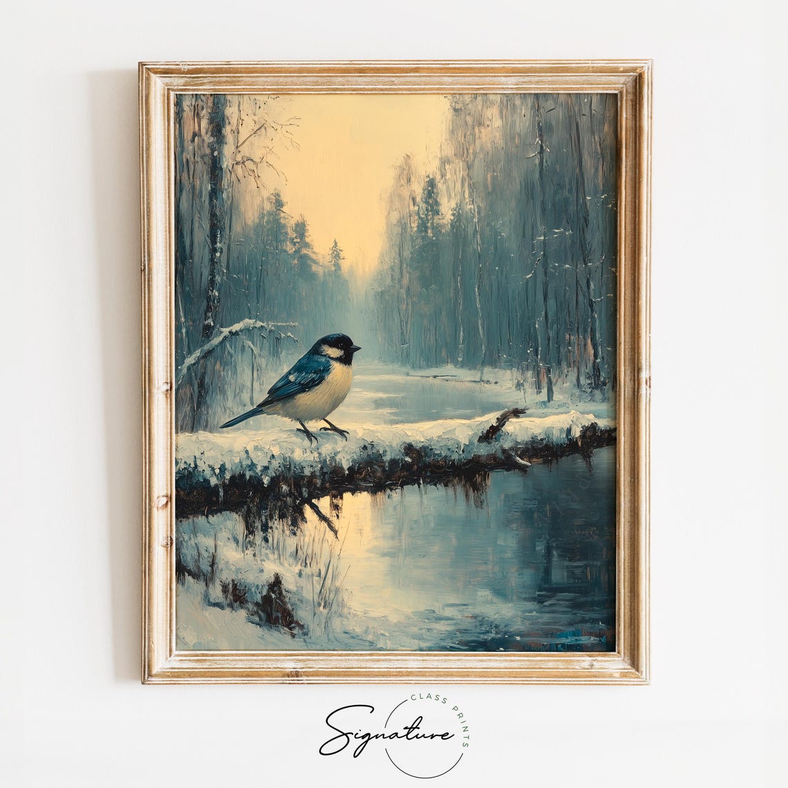 Blue Tit Perched on a Snow-Covered Log in a Misty Winter Forest Poster
