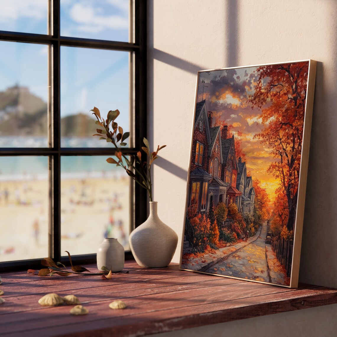 Brick Rowhouses Glowing at Dusk on a Cozy Autumn Street Poster - Image 5