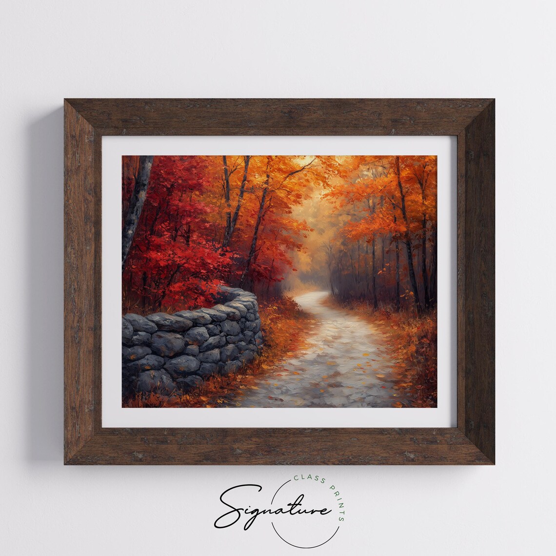Misty Autumn Lane With Old Stone Wall Beneath Flaming Red Trees Poster - Image 5