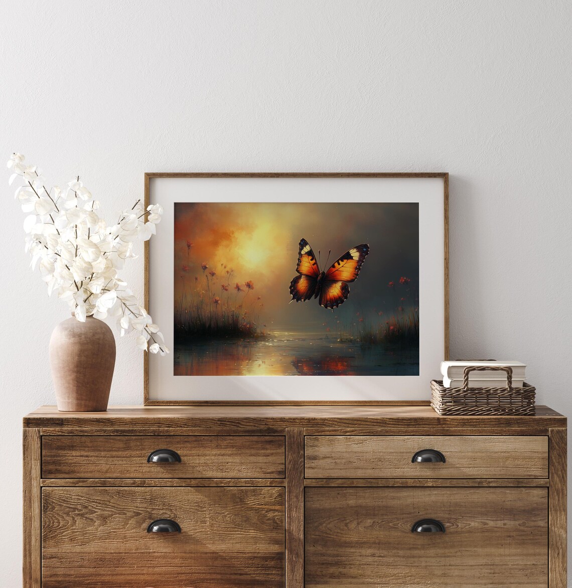 Monarch Butterfly Over Sunset Water Twilight Glow Serene Nature Poster - Image 2