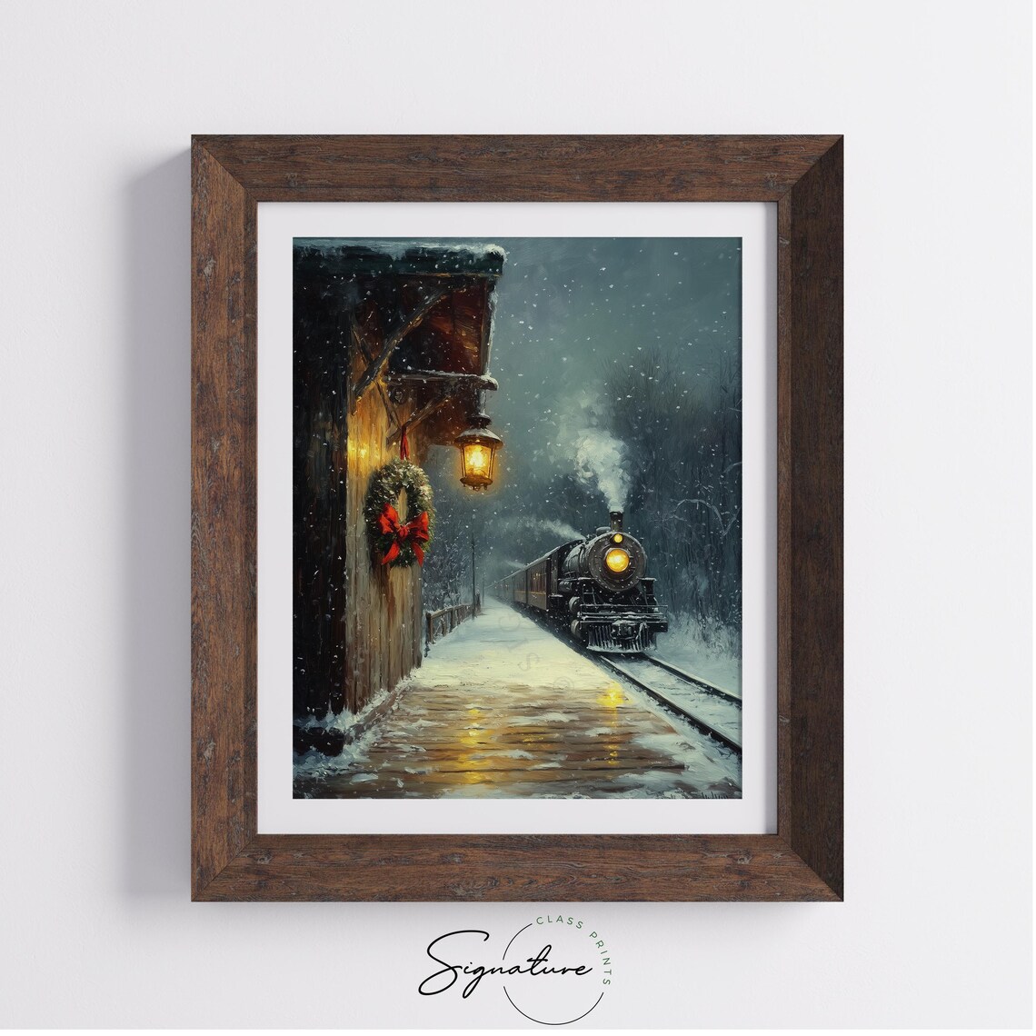 Steam Train Arriving at Snowy Station With Holiday Wreath Night Poster - Image 2