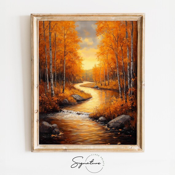 Autumn Birch Forest River Painting Golden Sunset Fall Landscape Poster