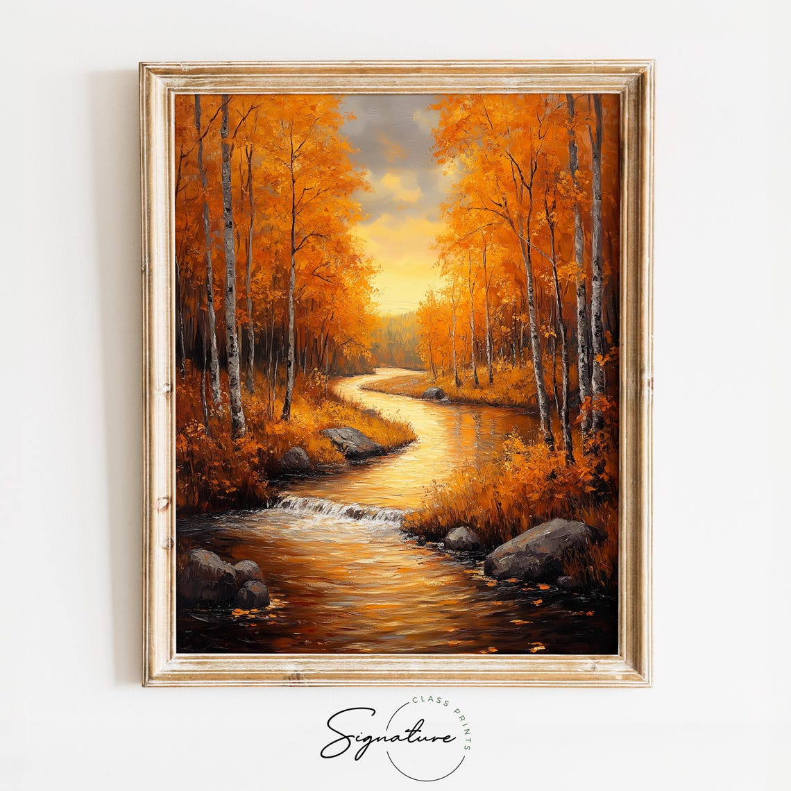 Autumn Birch Forest River Painting Golden Sunset Fall Landscape Poster