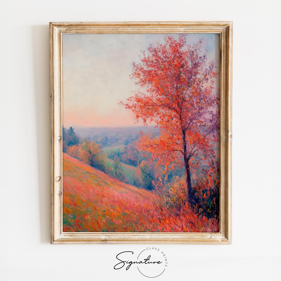 Lone Scarlet Tree Overlooking a Misty Pastel Autumn Valley Poster