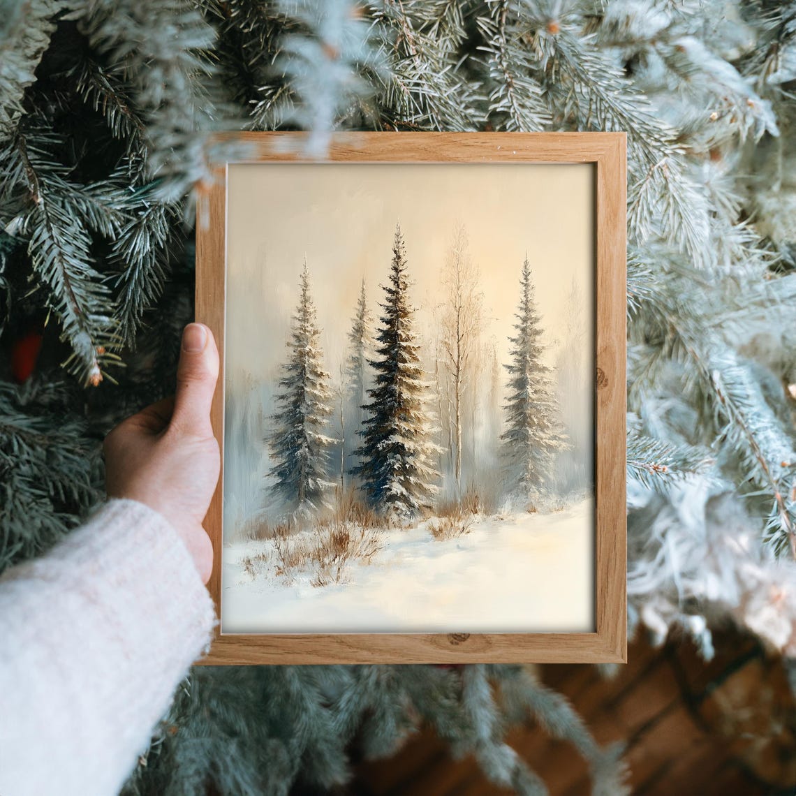 Four Frosted Pines in Misty Soft Winter Morning Forest Poster - Image 6