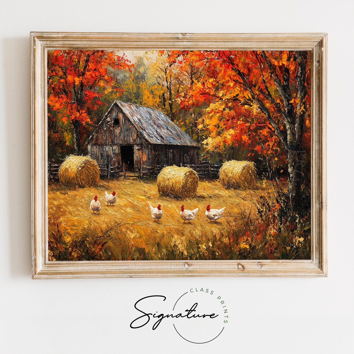 Rustic Barn Chickens Painting Autumn Hay Bales Fall Farm Landscape Poster