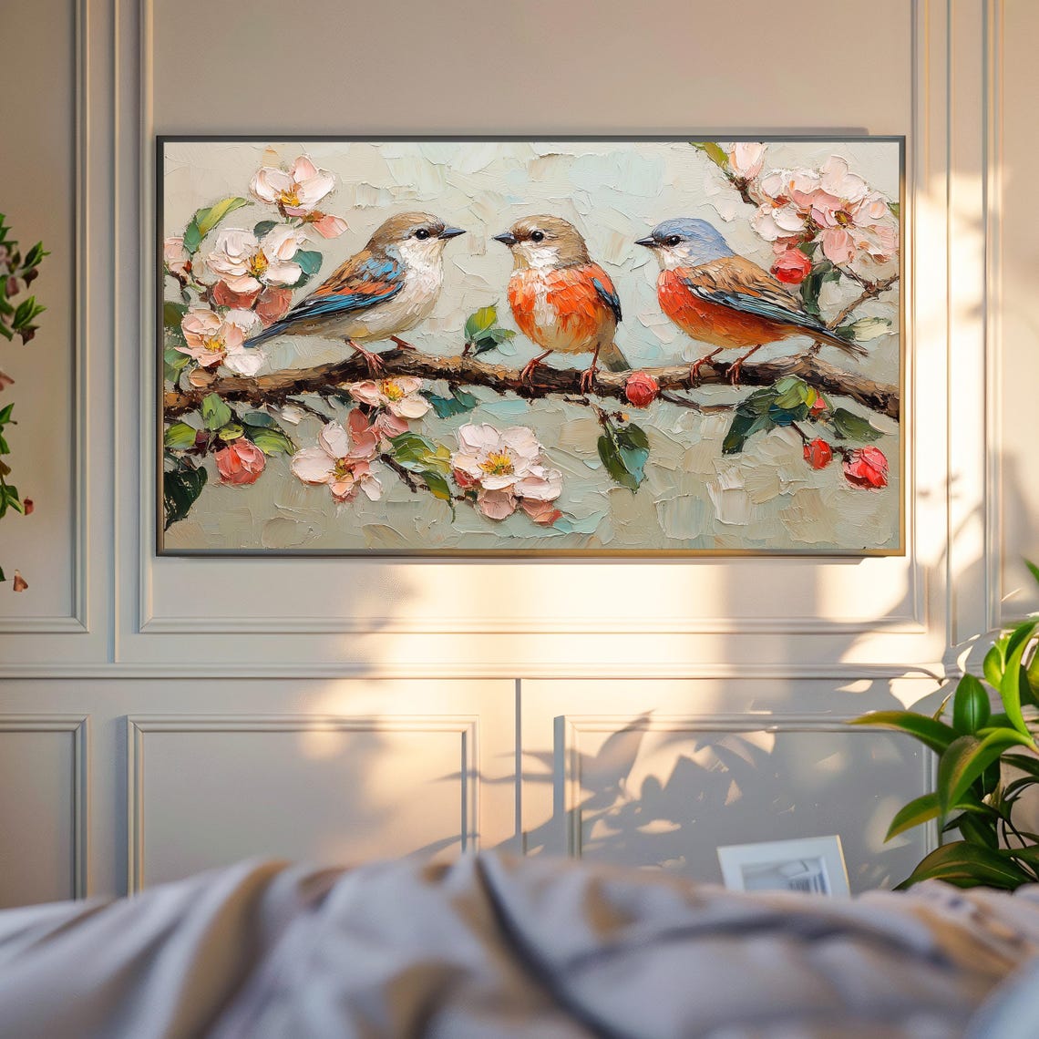 Three Blue Orange Finches On Pink Blossom Branch Impasto Poster - Image 4