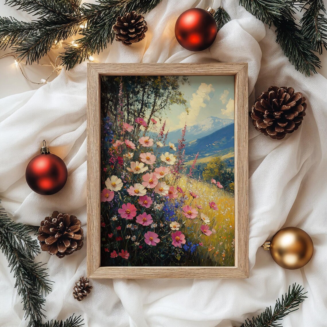 Vibrant Pink Wildflower Meadow Mountain Landscape Art Poster - Image 4