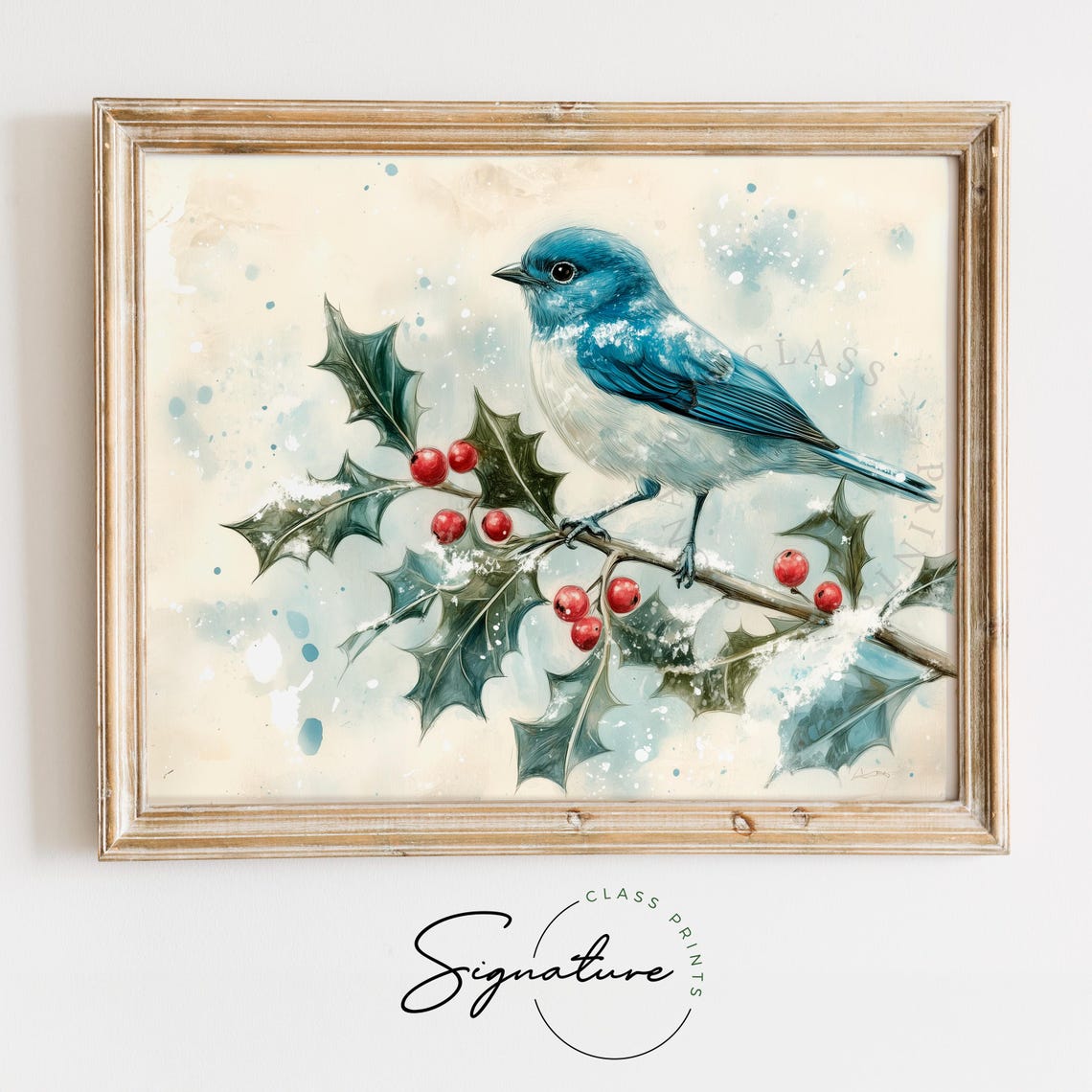 Bluebird On Holly Branch With Red Berries Winter Watercolor Poster