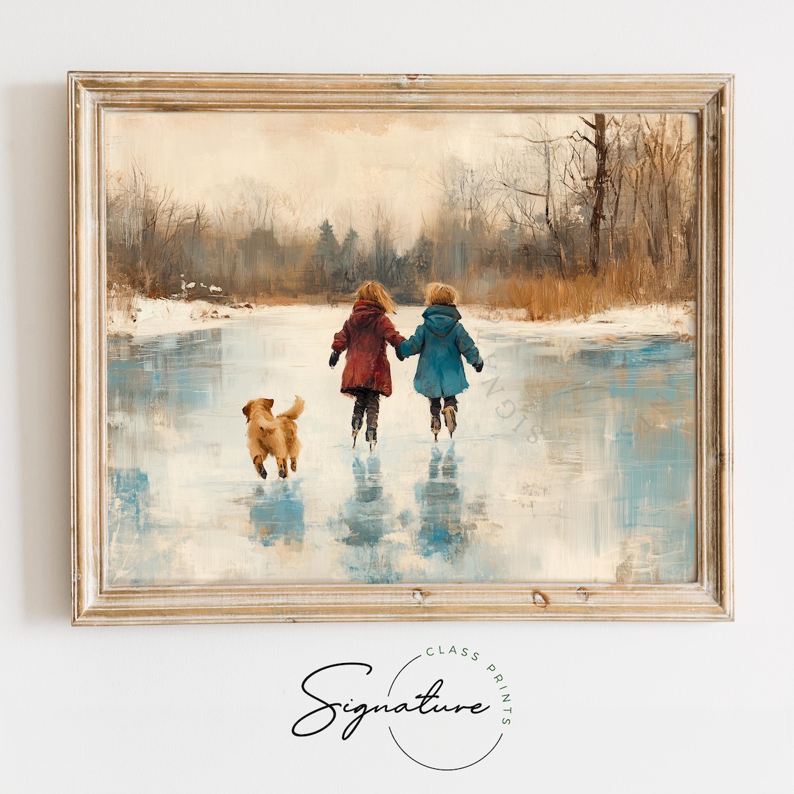 Children Ice Skating With Dog On Frozen Pond Winter Scene Poster