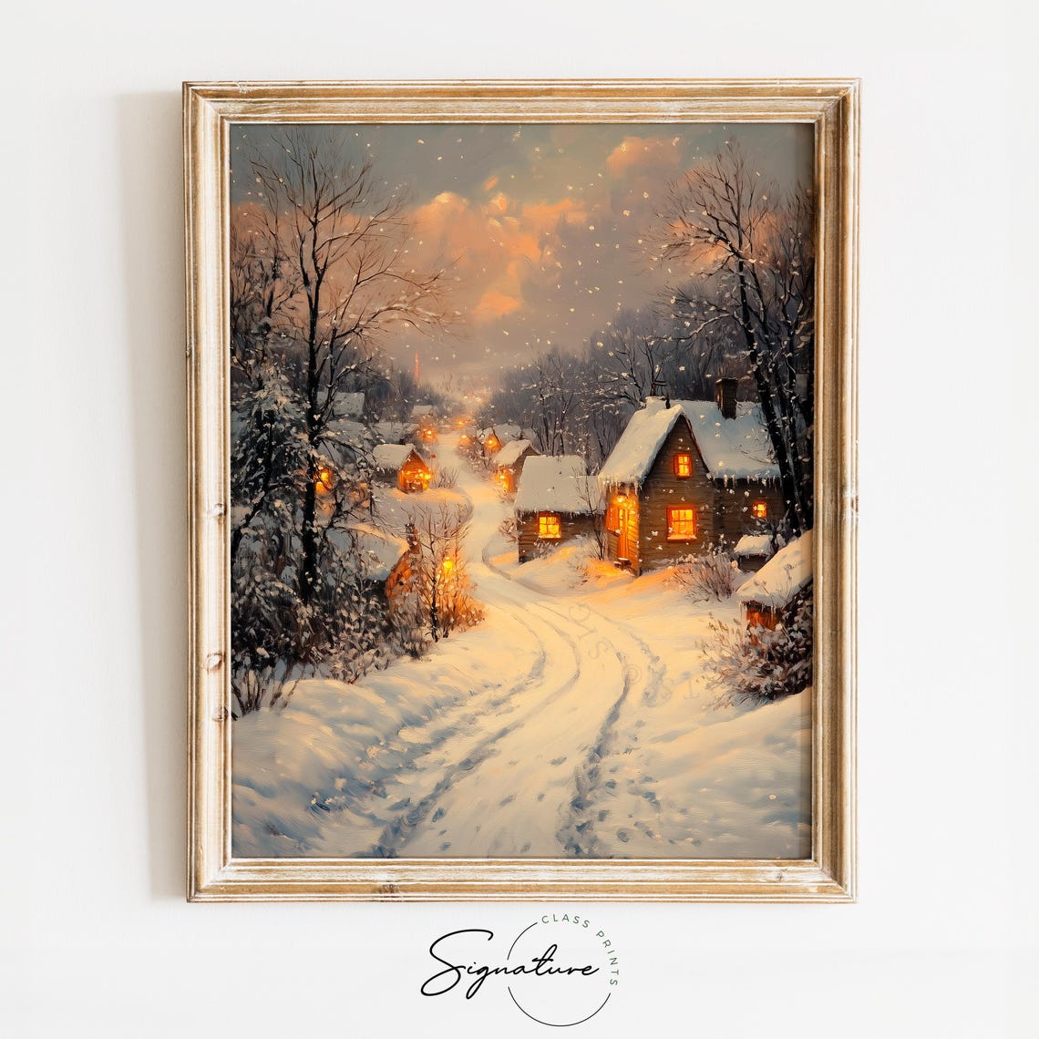 Snowy Village Lane at Dusk with Glowing Cottages Pink Sky Poster