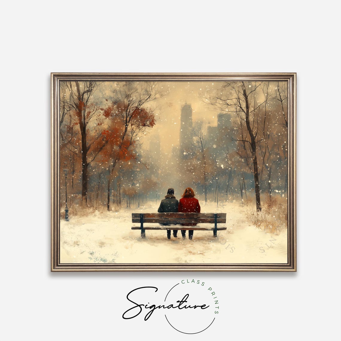 Couple On Park Bench In Falling Snow Romantic Winter Scene Poster - Image 4