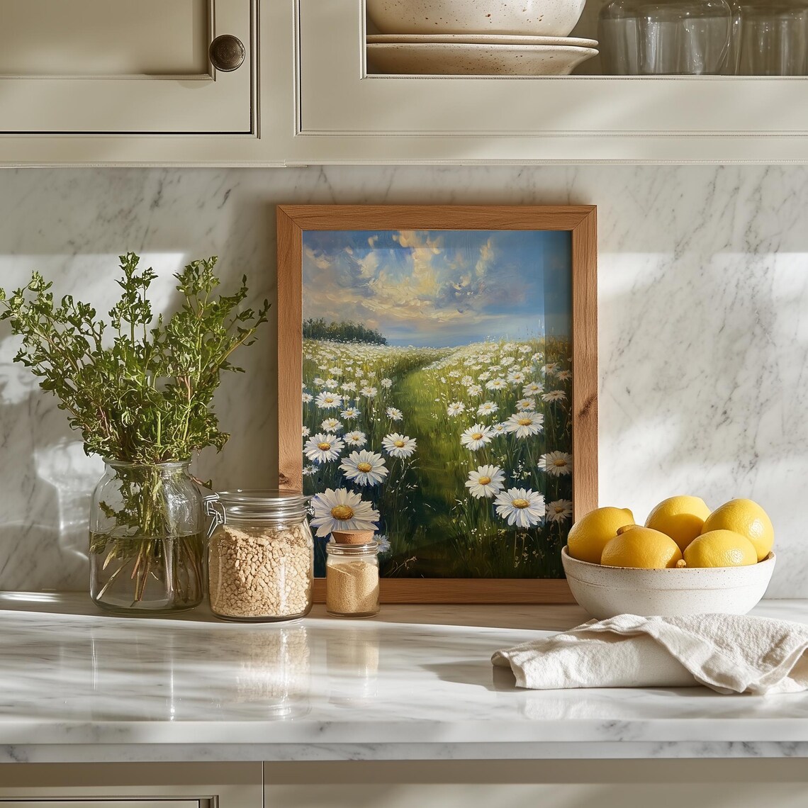 Endless Daisy Field Under Blue Sky Spring Meadow Landscape Painting Poster - Image 5