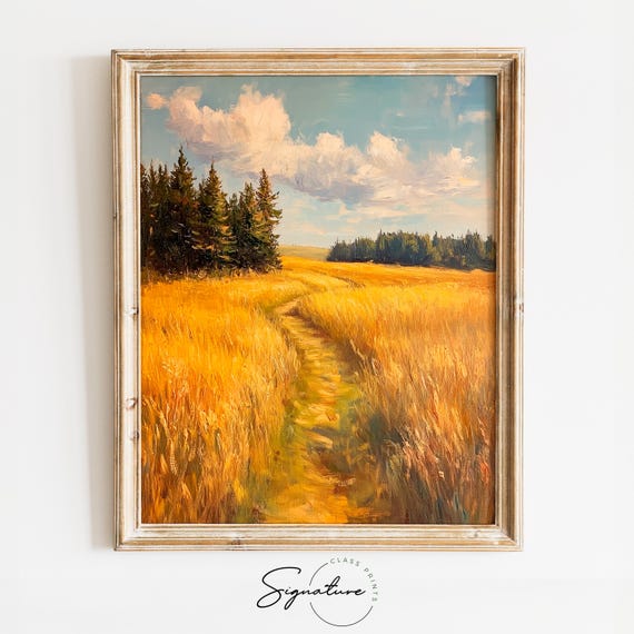 Broad Meadow Path Under Evening Glow Rustic Pastoral Landscape Art Serene Nature Scene Cottagecore Wall Art 3051
