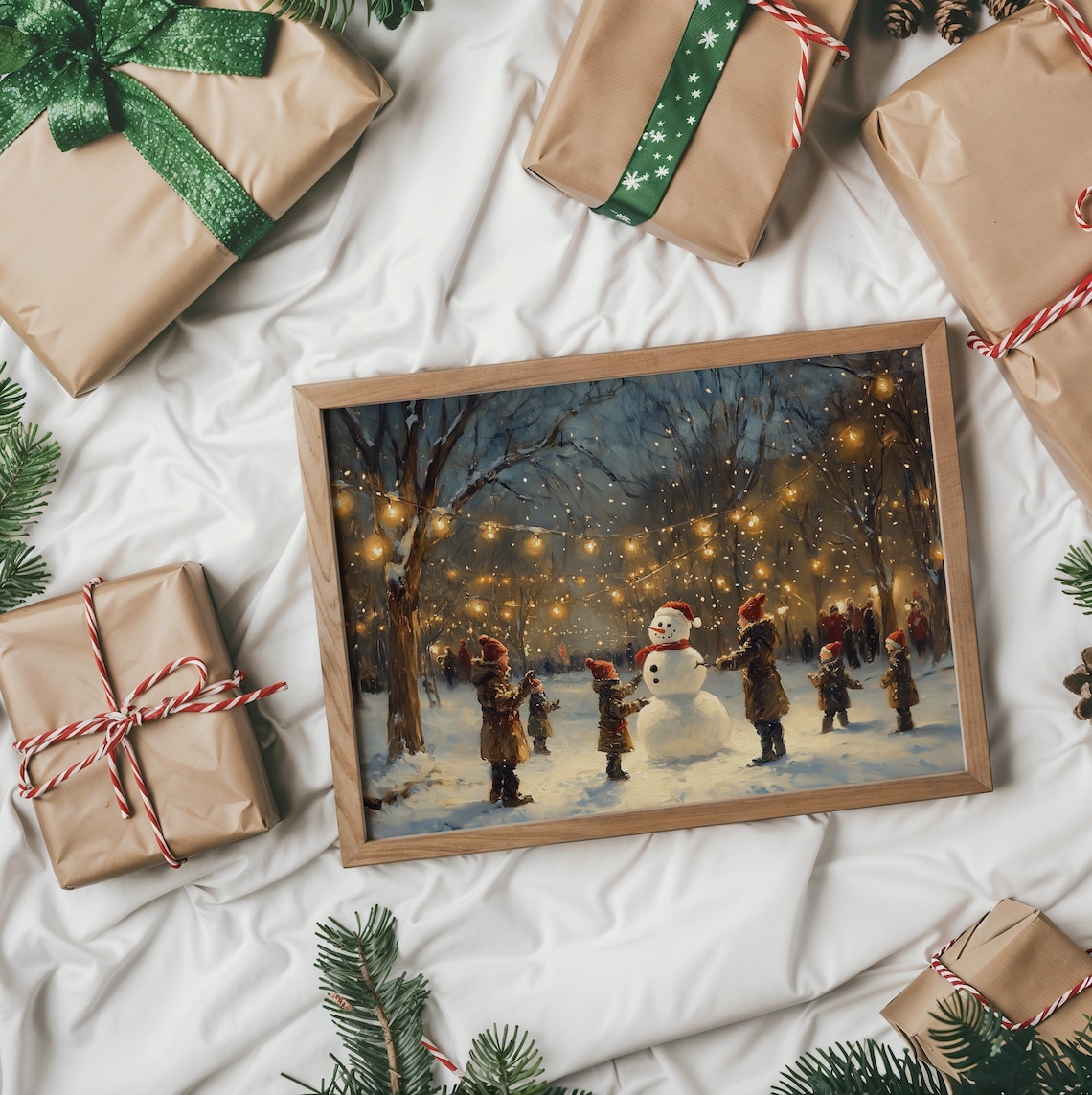 Kids Building a Snowman in Winter Woods, Holiday Art Print - Image 2