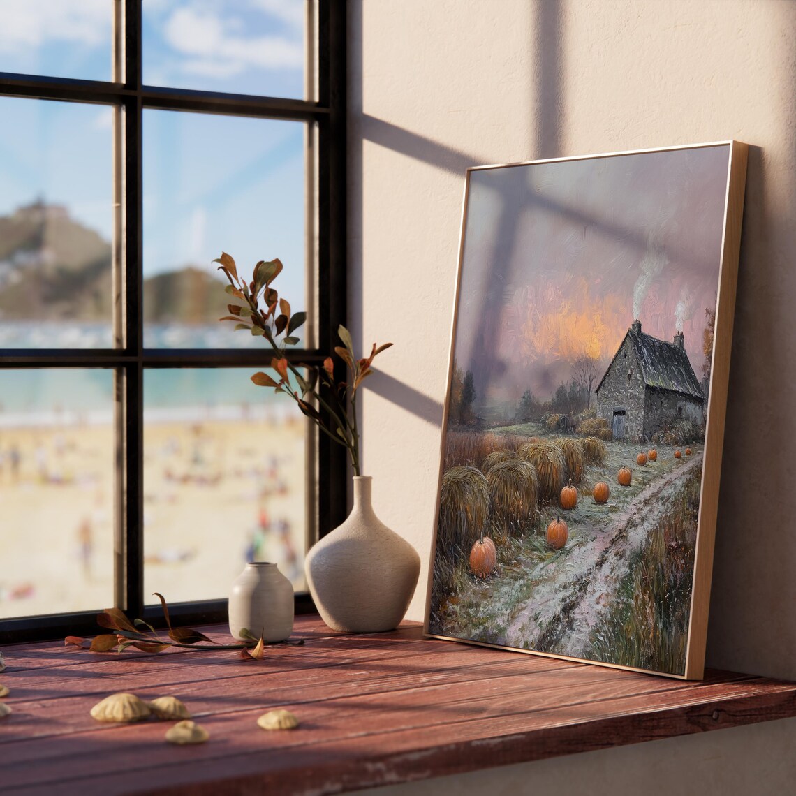 Stone Barn at Dawn With Hay Bales Pumpkins and a Smoky Chimney Poster - Image 5