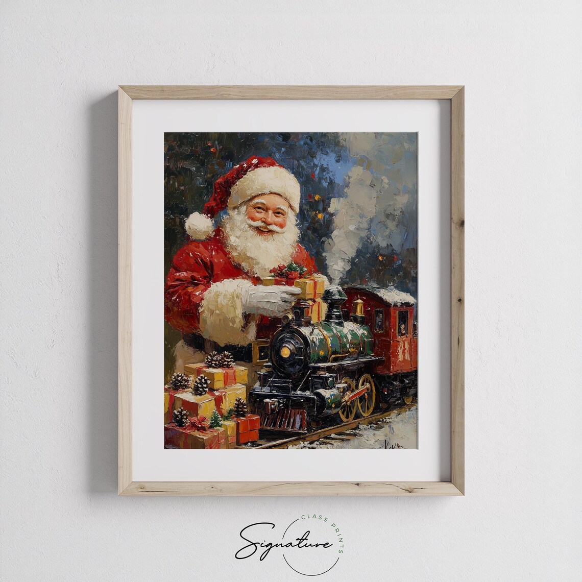 Santa Claus With a Vintage Steam Toy Train and Christmas Gifts Poster - Image 2