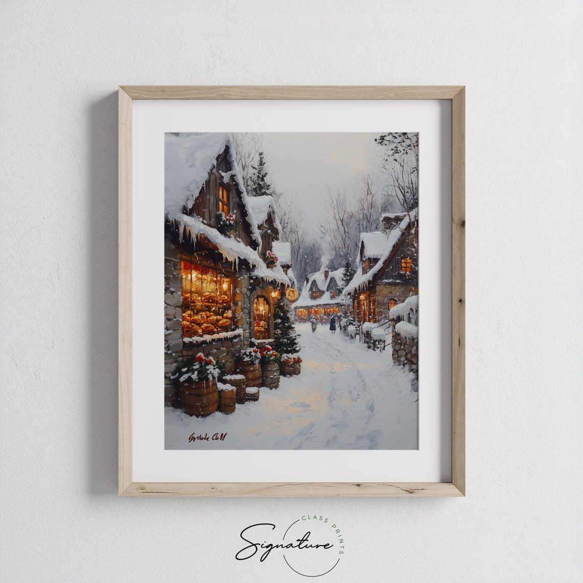 Snowy Village Bakery Street with Glowing Windows at Dusk Poster - Image 2