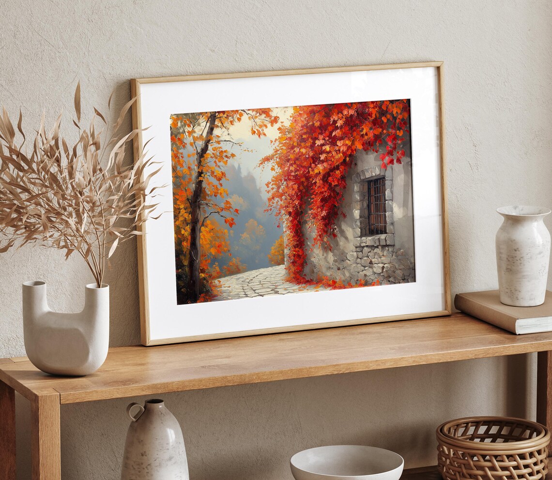 Cobblestone Lane Past Stone Wall Covered in Crimson Autumn Ivy Wall Art - Image 4