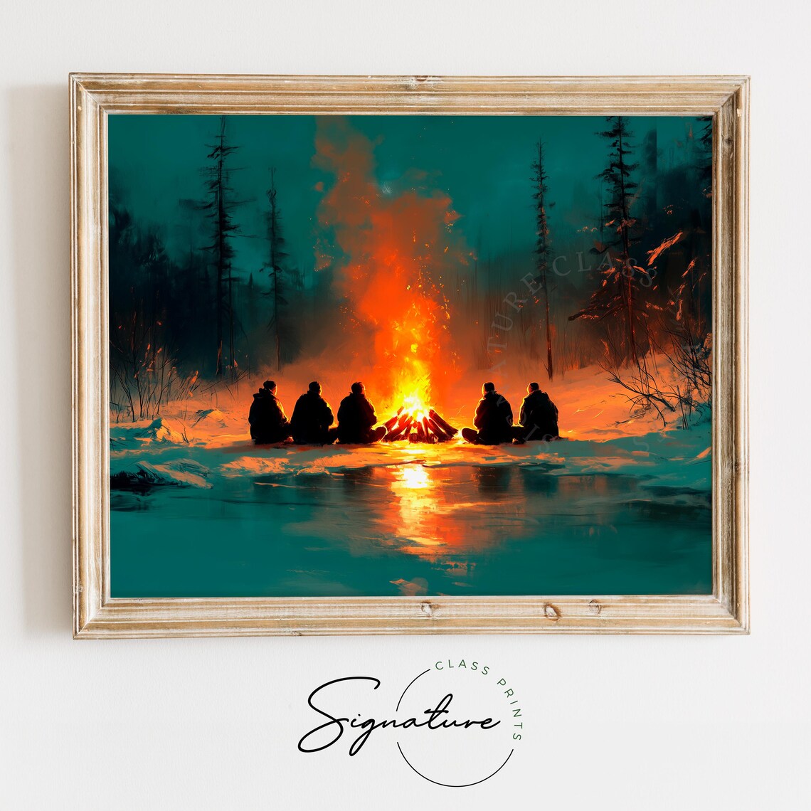 Friends Around Campfire At Night In Snowy Woods Winter Poster
