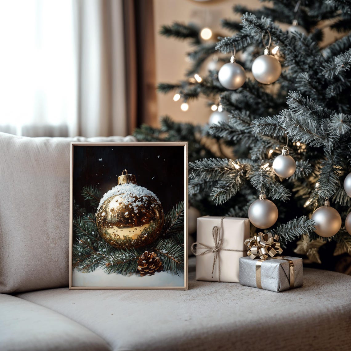 Snow Dusted Gold Ornament On Pine Boughs Vintage Holiday Poster - Image 5