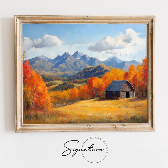 Rustic Wooden Barn Fall Foliage Mountain Panorama Painting Print