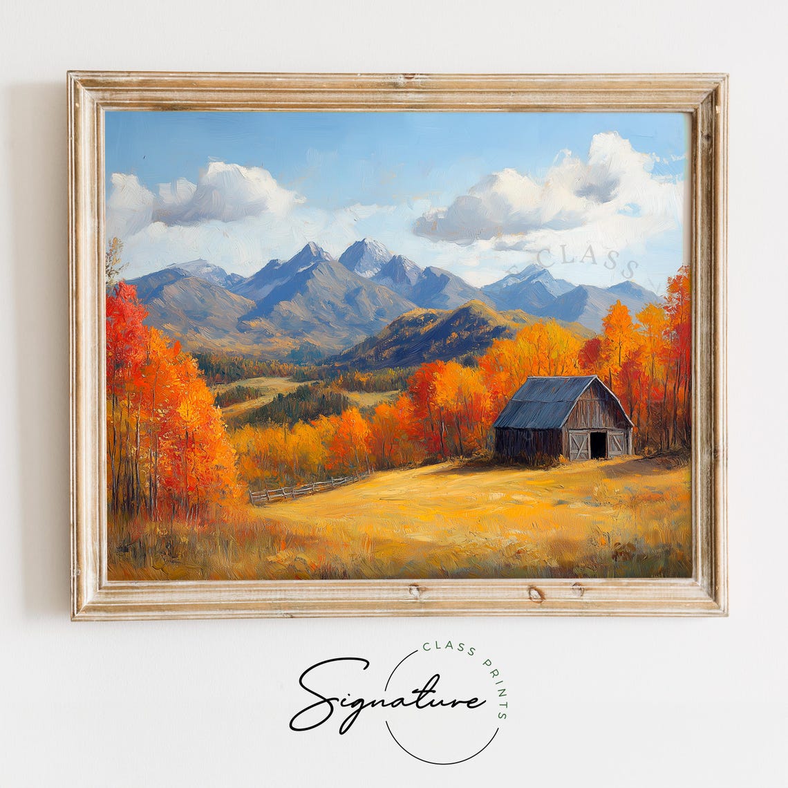 Rustic Wooden Barn Fall Foliage Mountain Panorama Painting Print