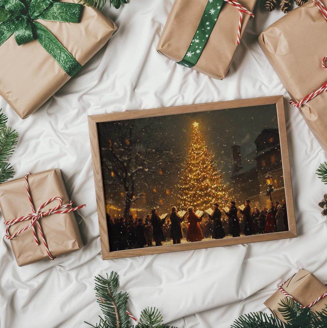 Christmas Carolers Singing Before A Giant Lit Tree At Night Poster - Image 4