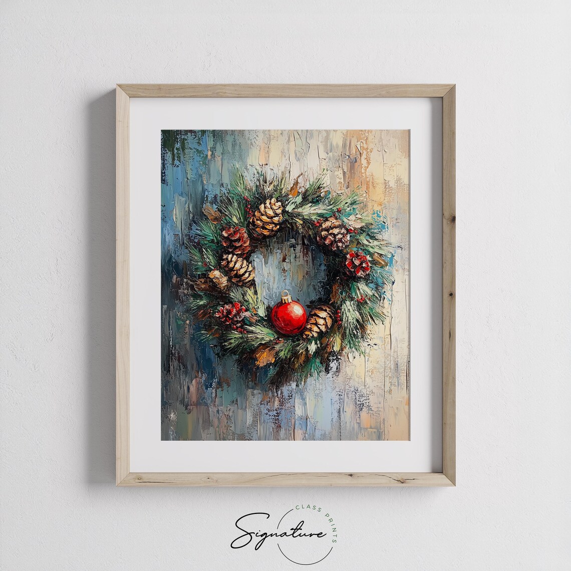 Christmas Wreath with Pinecones and Red Ornament Oil Painting Print - Image 2
