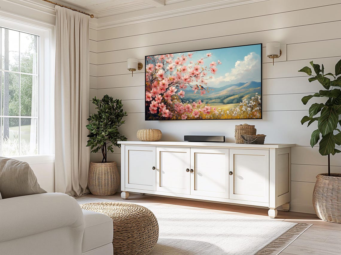 Cherry Blossom Valley With Mountain Meadow In Springtime Poster - Image 3