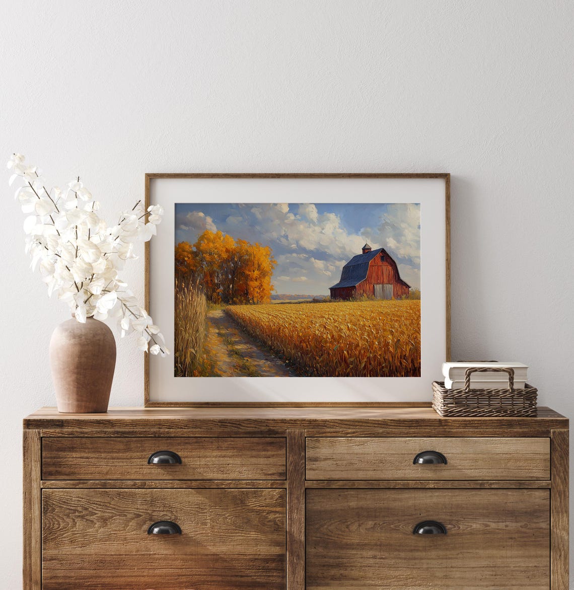 Red Barn Cornfield Autumn Treeline Dirt Path Harvest Scene Poster - Image 4