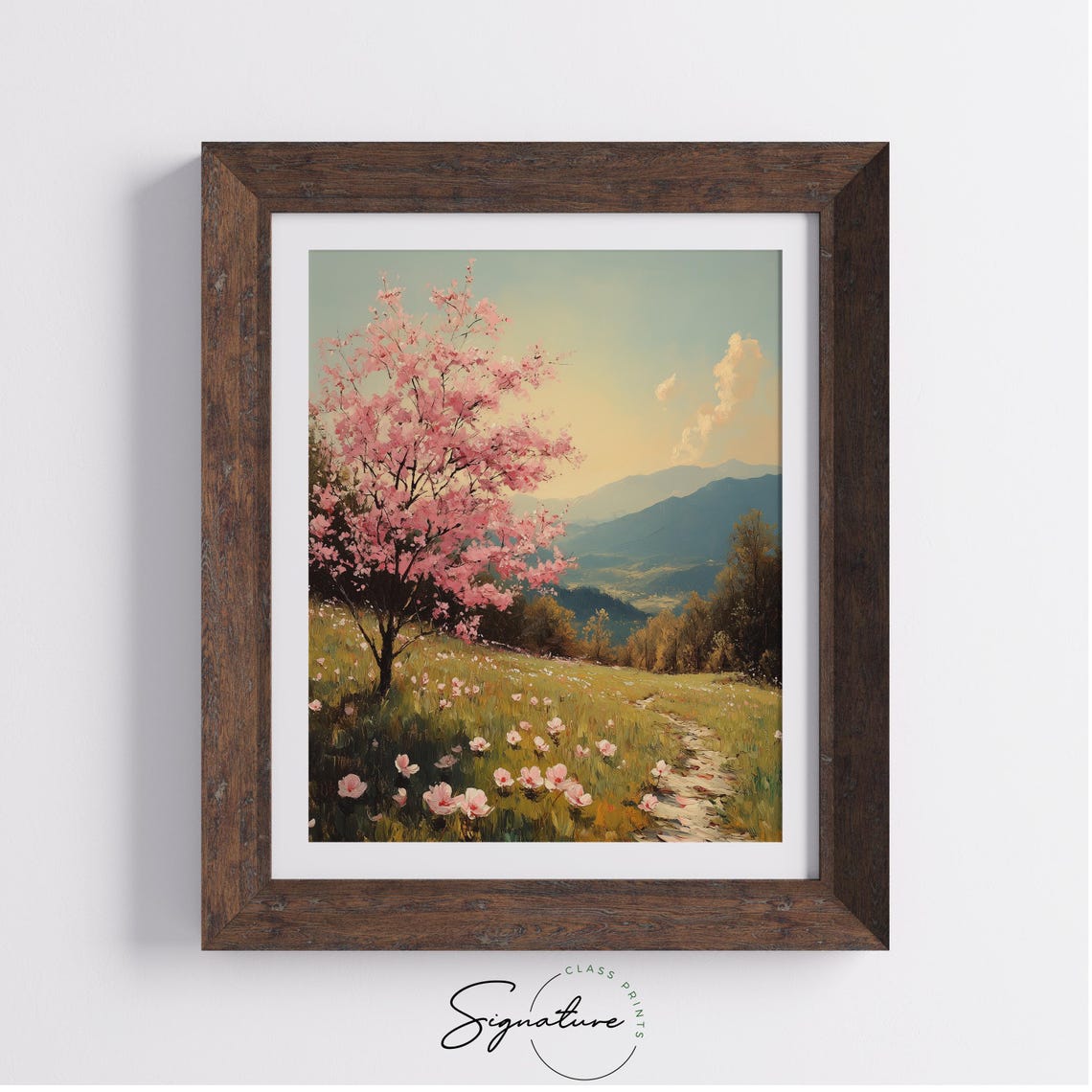 Pink Blossom Tree On Spring Hillside With Wildflowers Landscape Poster - Image 3