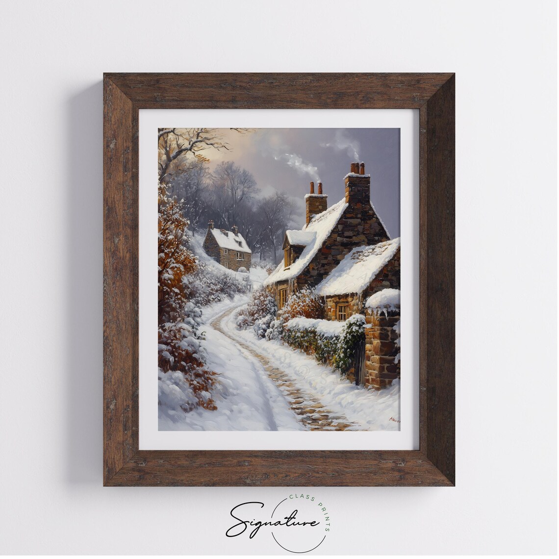 Snow Covered Stone Cottages on a Quiet Winter Lane at Dusk Poster - Image 3