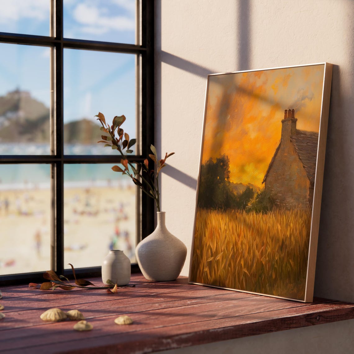 Stone Cottage in a Golden Wheat Field at a Fiery Autumn Sunset Poster - Image 5