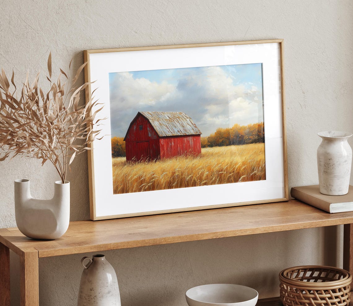 Weathered Red Barn Golden Field Autumn Farm Rustic Fall Wall Art - Image 4