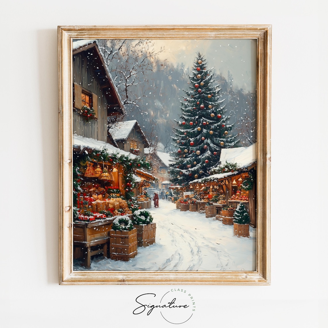 Snowy Christmas Market with Big Tree and Warm Market Stalls Poster