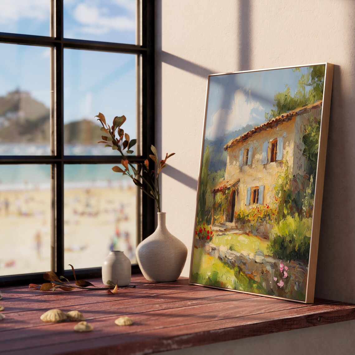 Stone Farmhouse Blue Shutters Cypress Trees Summer Garden Poster - Image 3