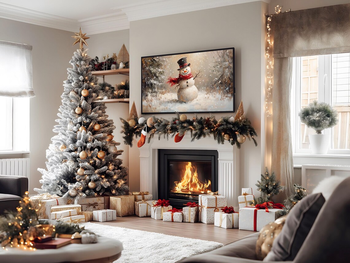 Snowman With Top Hat and Red Scarf in Snowy Forest Holiday Art Poster - Image 2