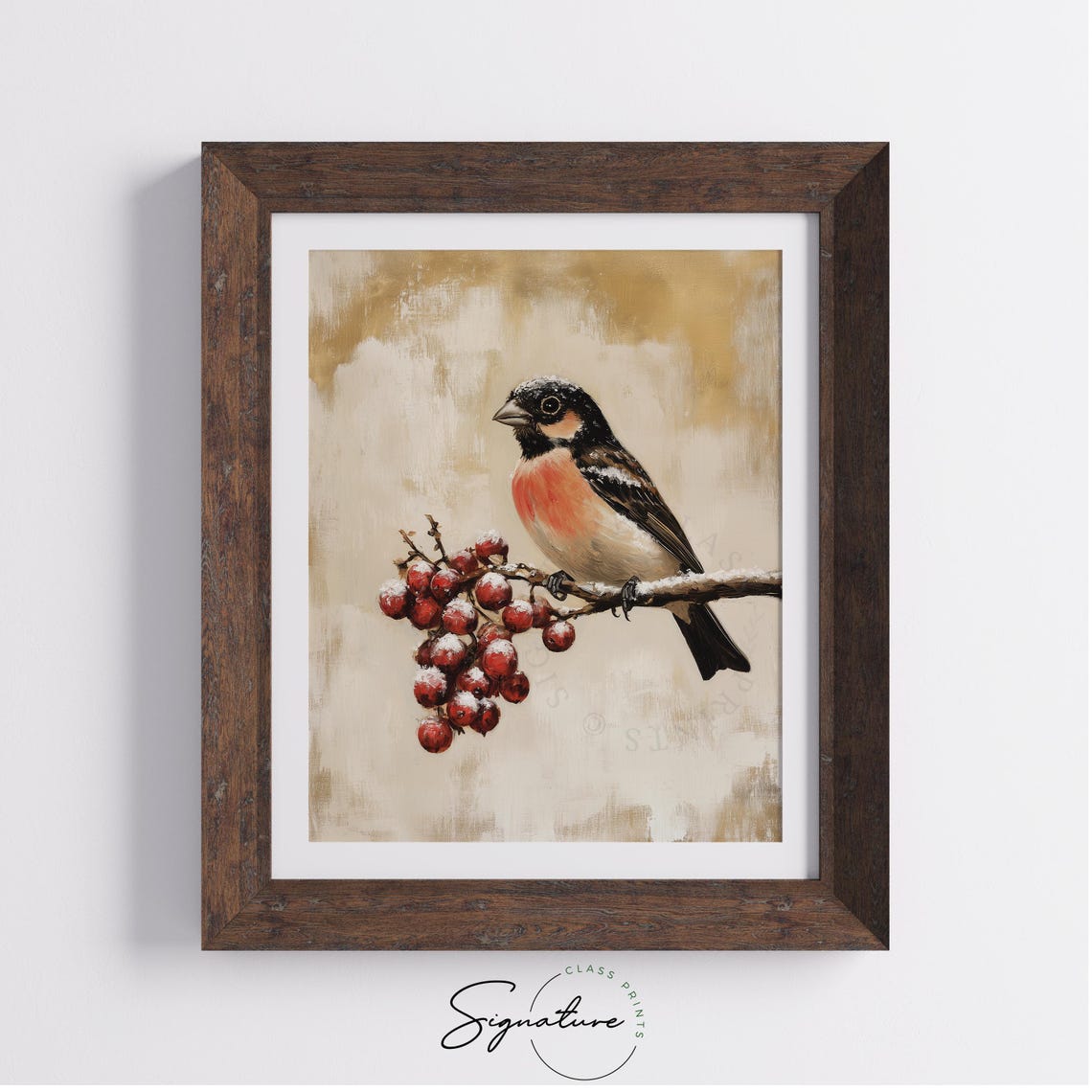 Bullfinch Bird on Frosty Winter Berry Branch Vintage Style Poster - Image 3