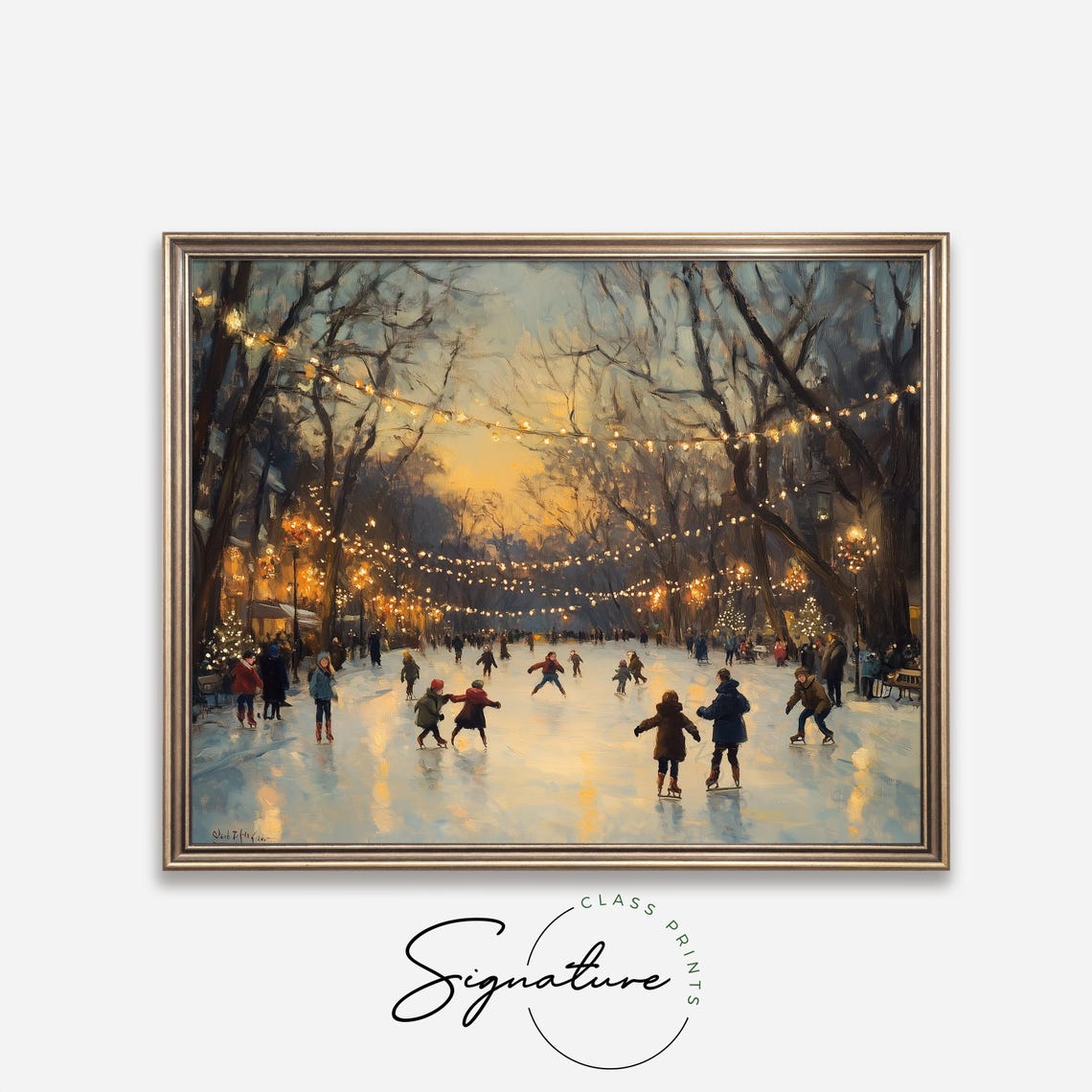 Winter Ice Skating at Dusk Under Twinkling String Lights Poster - Image 4